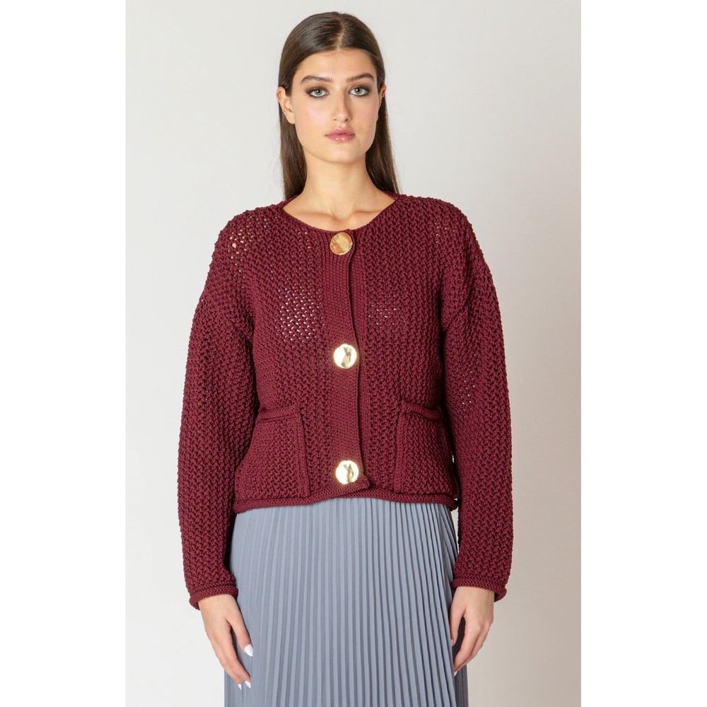 Zara Burgundy Knit Cardigan Gold Hammered Buttons Cropped Sweater Small